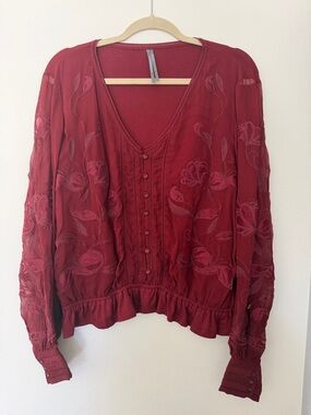 Anthropologie Women’s Large Deep Red Floral Embroidered V-Neck Blouse